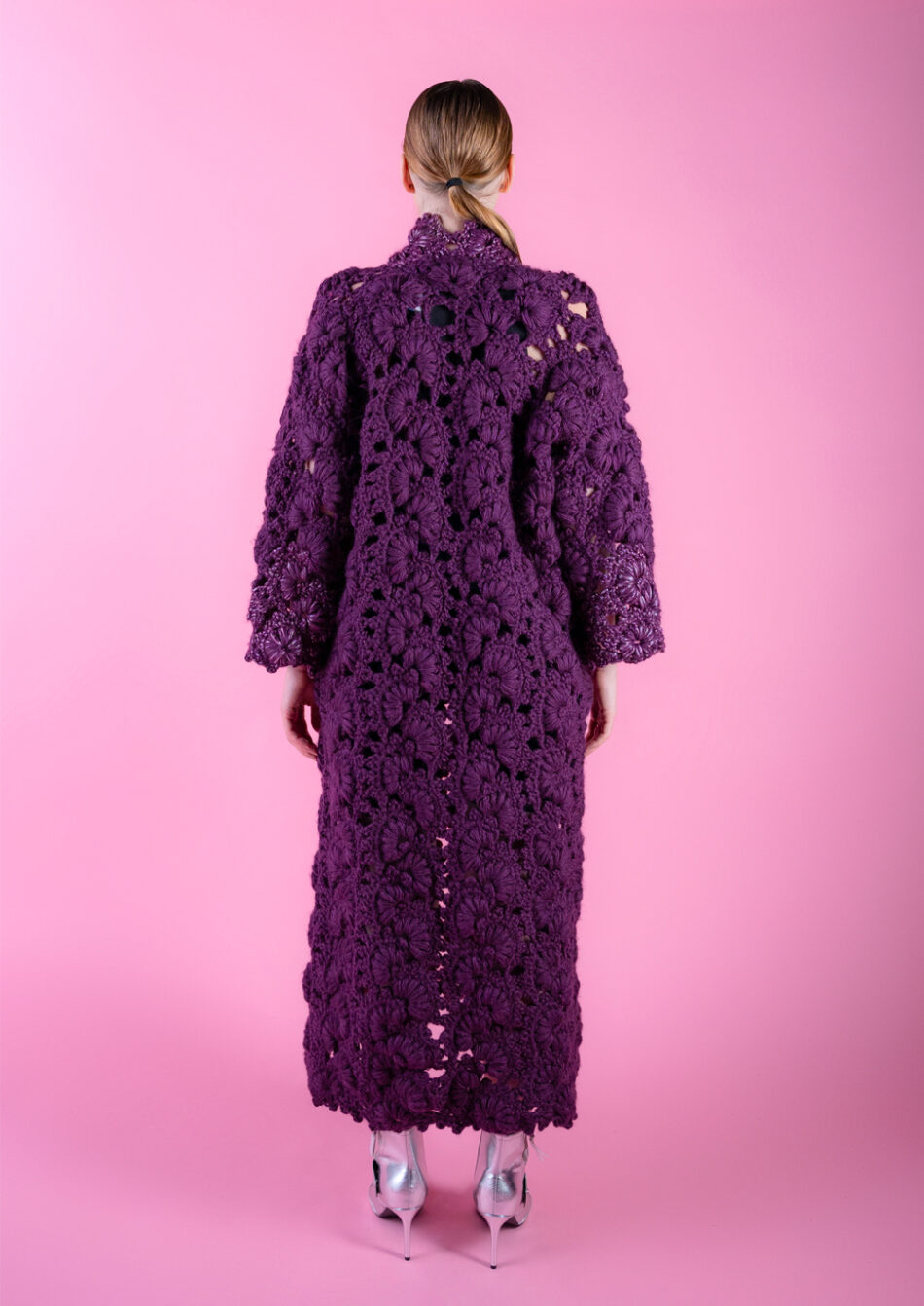 Floral Wool Cardigan – 2022- Plum with Silver Outline Back View