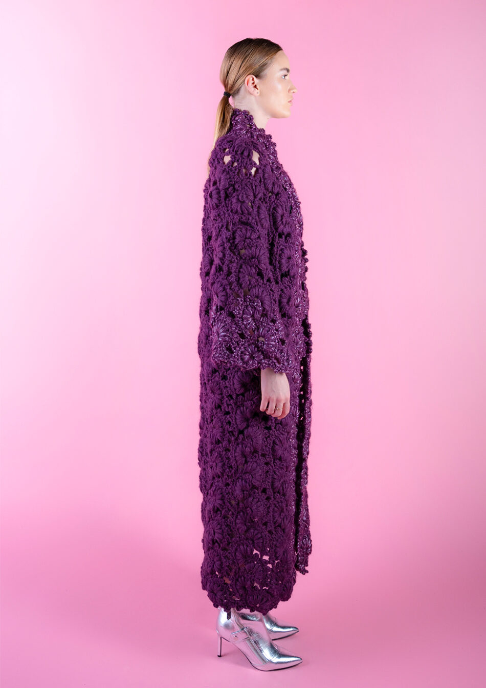 Floral Wool Cardigan – 2022- Plum with Silver Outline Right View