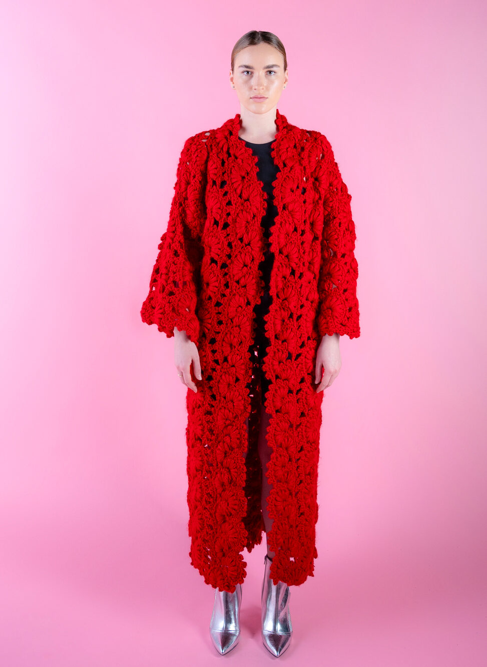 Floral Wool Cardigan - 2022- Red Dark Face View