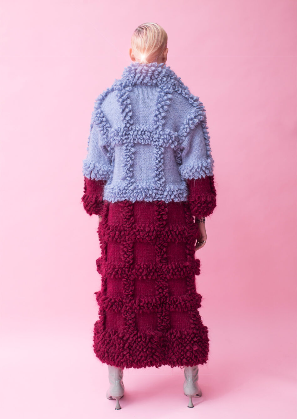 Maze Oversized Wool and Mohair Blend Coat- baby blue and burgundy back view