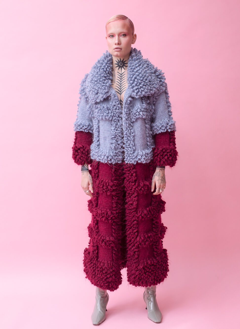 Maze Oversized Wool and Mohair Blend Coat- baby blue and burgundy face view