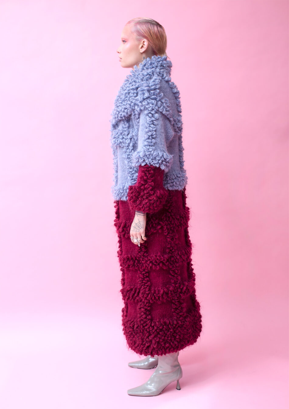 Maze Oversized Wool and Mohair Blend Coat- baby blue and burgundy left view
