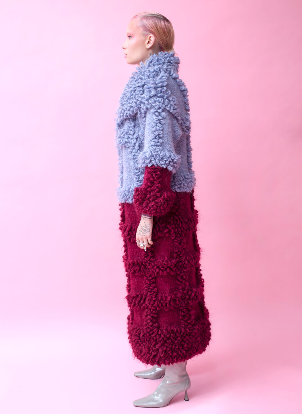 Maze Oversized Wool and Mohair Blend Coat- baby blue and burgundy left view