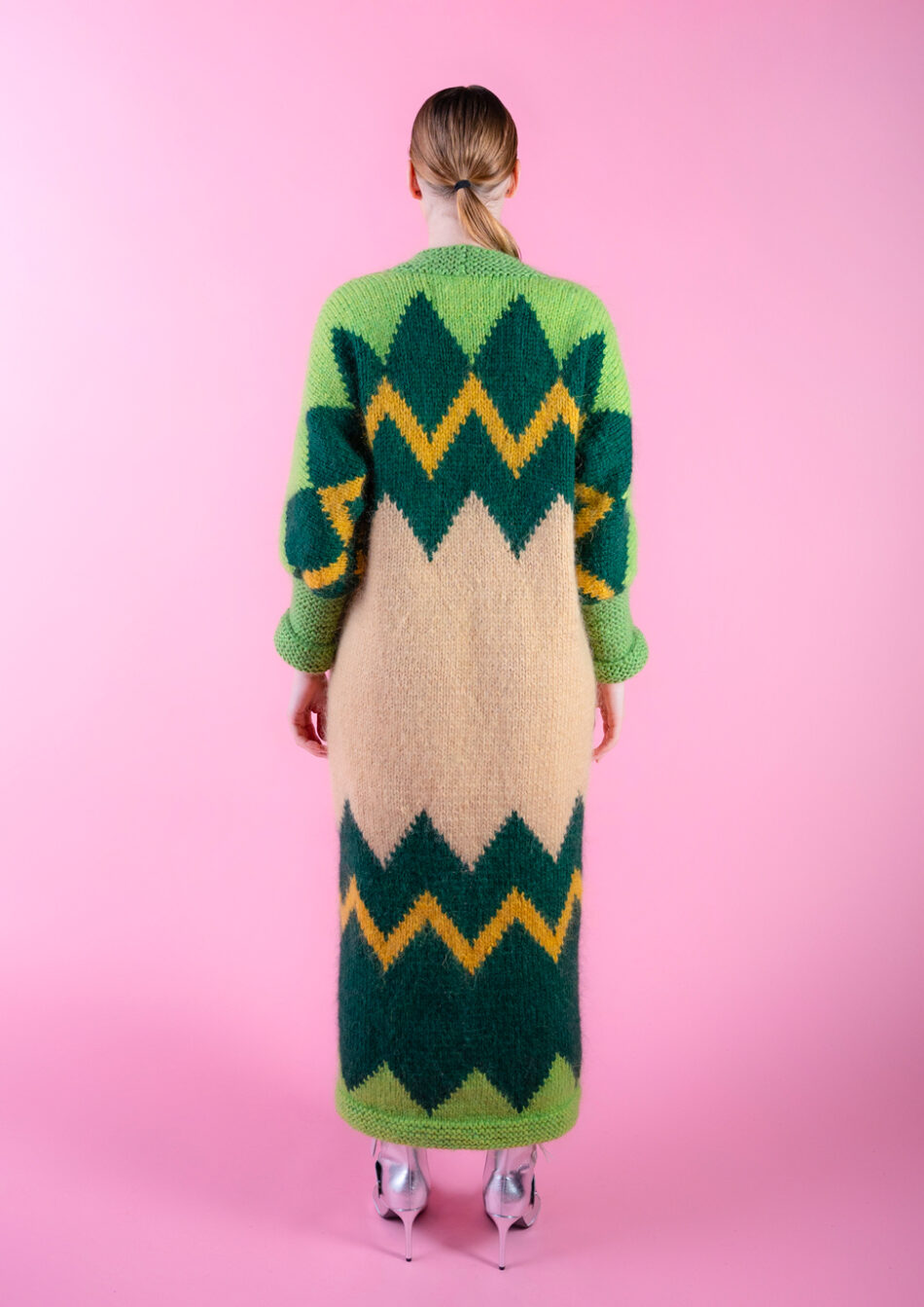 Voyage Wool and Mohair Blend Coat Green and Mustard back view