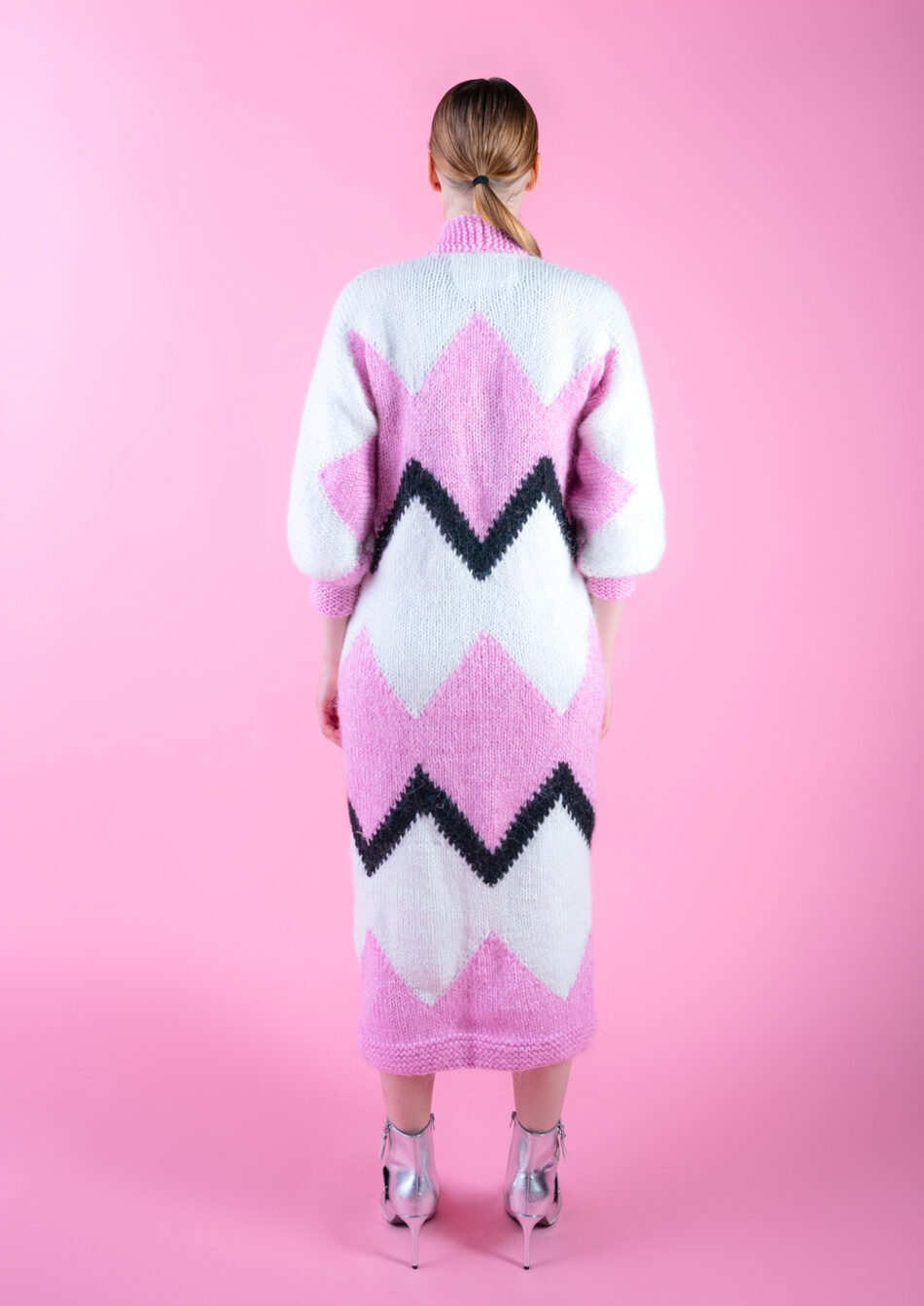 Voyage Wool and Mohair Blend Coat White Black and Pink back view