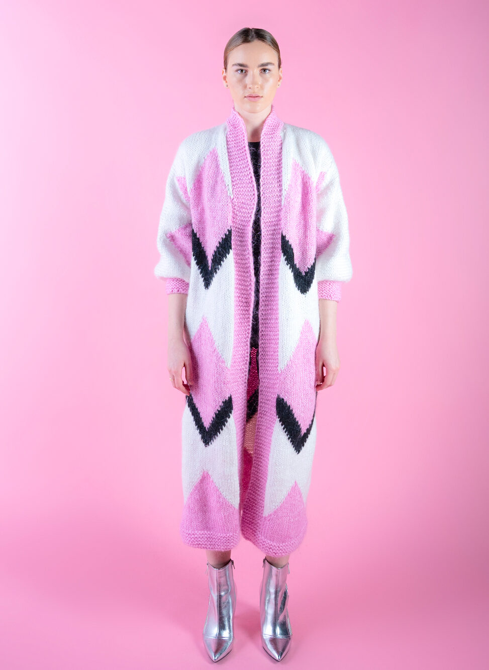 Voyage Wool and Mohair Blend Coat White Black and Pink face view