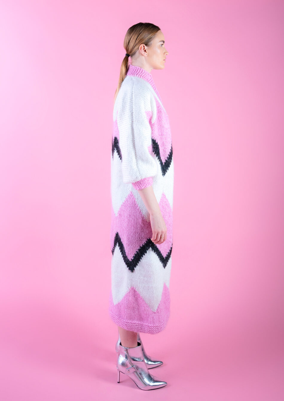 Voyage Wool and Mohair Blend Coat White Black and Pink right view